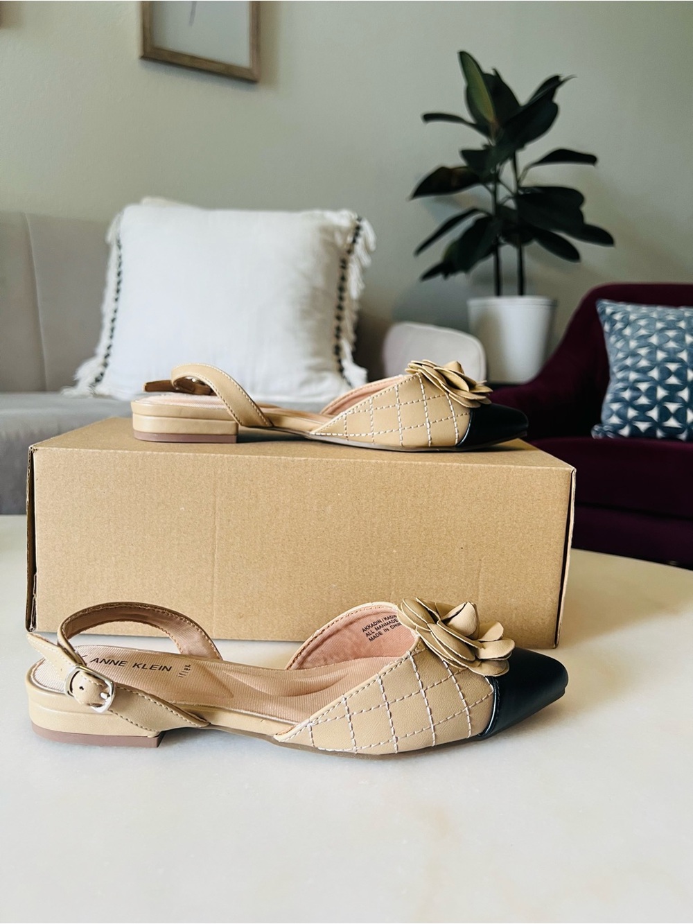 Anne Klein Beige and Black Floral Pointed-Toe Slingback Flats - Picture 4 of 4